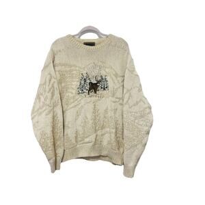 Vintage Nature Sweater Mens XL Cream Textured Knit 90s USA Embroidered Buck Deer
